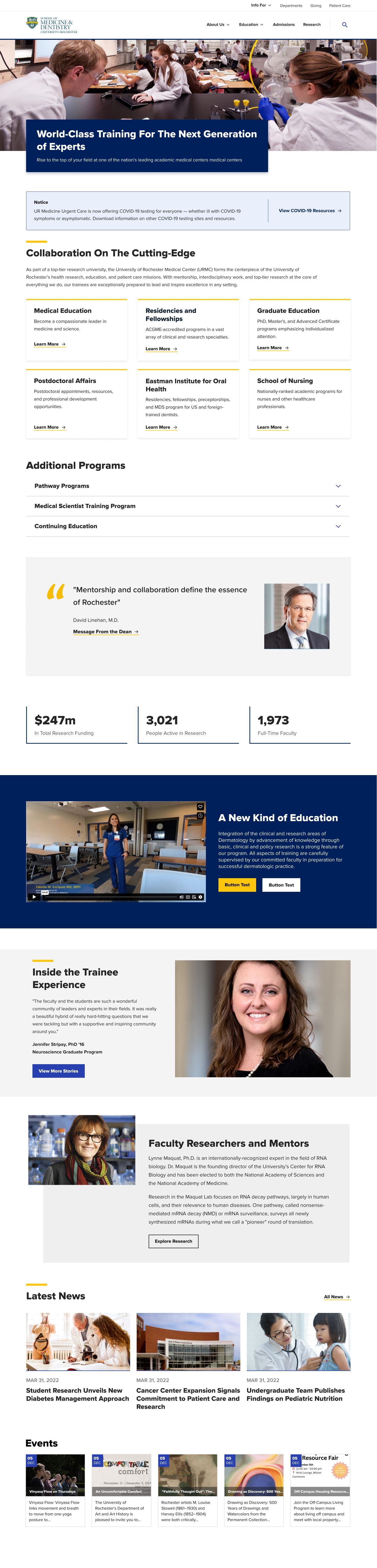 After: After: a featured trainee story and student quote sharing the page with the stats.